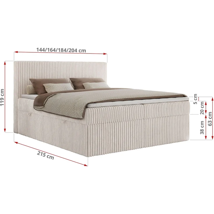Boxspringbett mit Kopfteil und Topper Visco, Cord Bett - TILIANO - 180 x 200 cm - Beige Cord - H3 – Bild 5