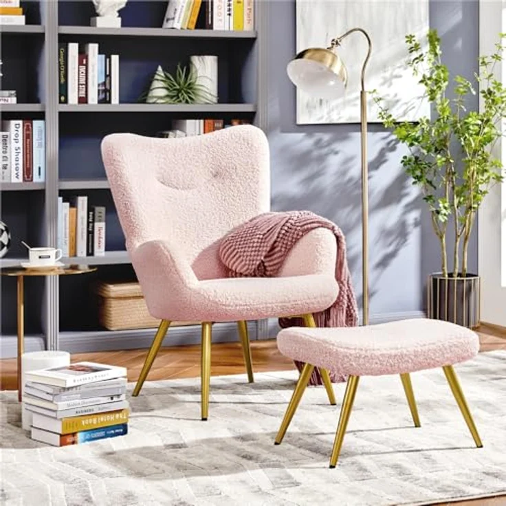 Yaheetech Ohrensessel mit Hocker Polyester-Bezug, Fernsehsessel Armlehnensessel Polstersessel Relaxsessel Cocktailsessel Teddy-Plüsch Stilvolles Design Rosa – Bild 3