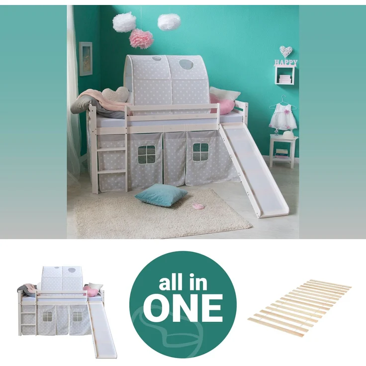Hochbett mit Lattenrost 90x200 Rutsche Stockbett Weiß Kinderbett Holz Kiefer Vorhang Tunnel Sterne grau – Bild 1