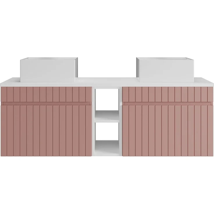 Vente-unique - Hängender Badezimmer-Unterschrank gerillt mit Fächern und Doppel-Aufsatz-Waschbecken quadratisch – Rosa – B140 cm – SATARA – Bild 4