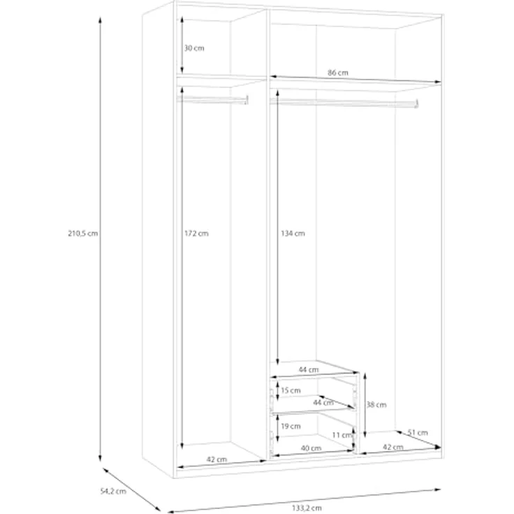Forte ECONOBOX 2 Kleiderschrank 130 135, 3-türiger Drehtürenschrank mit Spiegel und 2 Schubladen, Holzwerkstoff, Mauvella Eiche Dekor, 133,2 cm breit, 210,5 cm hoch, 54,2 cm tief – Bild 8