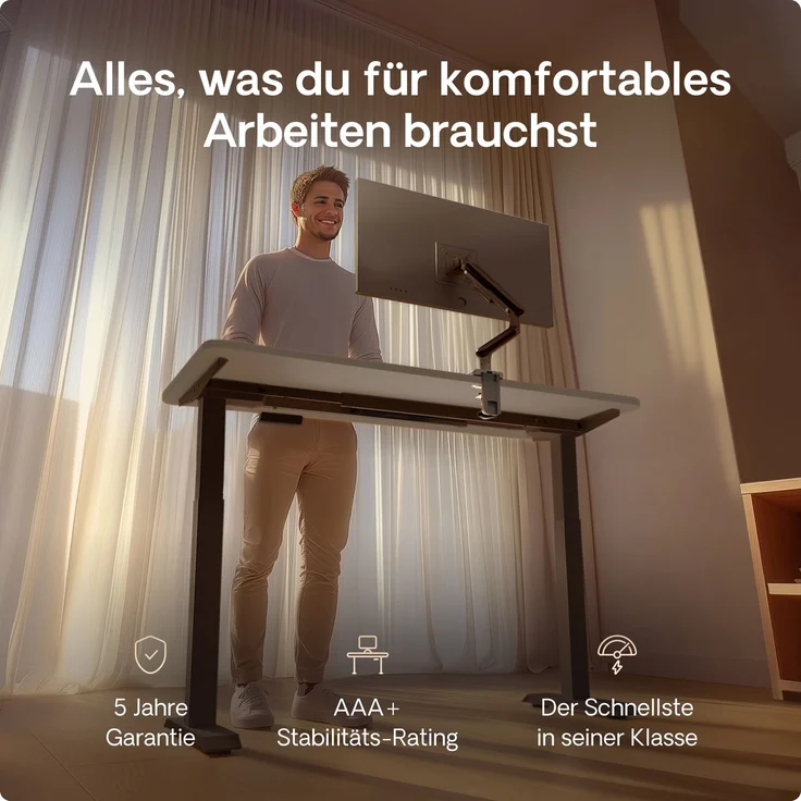 Desktronic HomeOne Elektrisch höhenverstellbarer Schreibtisch 120x60cm Schwarz/Grau mit Memory-Funktion, Anti-Kollisions Technologie, USB-A und USB-C-Ladeanschlüssen – Bild 2
