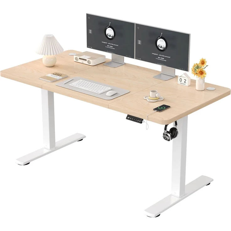 JUMMICO Schreibtisch elektrisch höhenverstellbar mit USB-Ladeanschluss, Beige, 140x60 cm – Bild 3