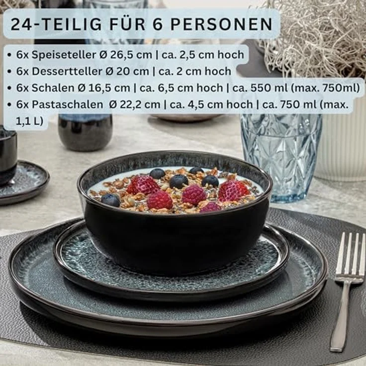 Sänger Manila Tafelservice, 24-teilig, Blau, Steingut, kratzfest, rund, 26.5 cm, spülmaschinen- und mikrowellenfest – Bild 2