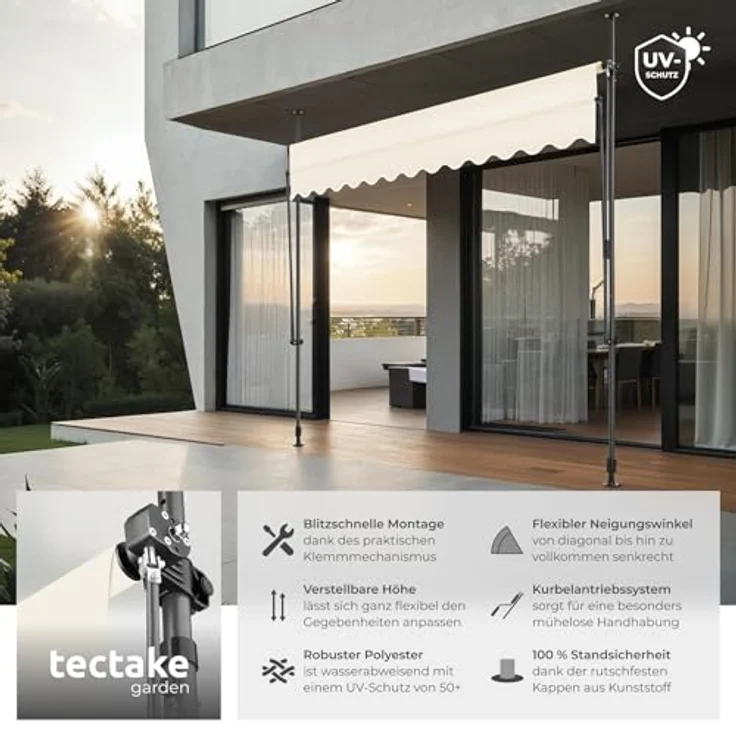 tectake® Klemmmarkise mit Handkurbel, Balkon Markise ohne Bohren, Markise höhenverstellbar, UV-beständig, wasserabweisend, Terrassenüberdachung, Sonnenschutz Terrasse & Balkon, Breite 300 cm - beige – Bild 3