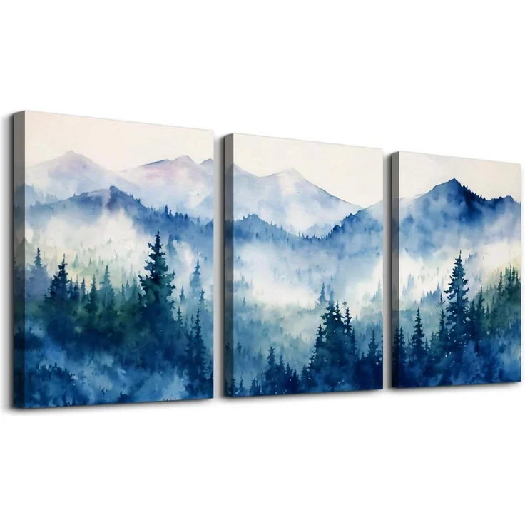Aquarell Blau Wald Leinwand Bilder Set Wohnzimmer Schlafzimmer 40cm x 58cm x 3 – Bild 1
