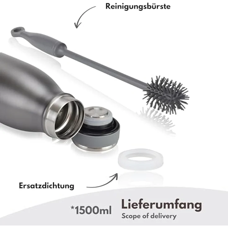 Milu Edelstahl Trinkflasche 350ml, 500ml, 750ml, 1L, 1.5L Thermosflasche, Isolierte Wasserflasche, Auslaufsichere Isolierflasche doppelwandig, Kohlensäure geeignet + Reinigungsbürste (Grau, 1.5L) – Bild 5