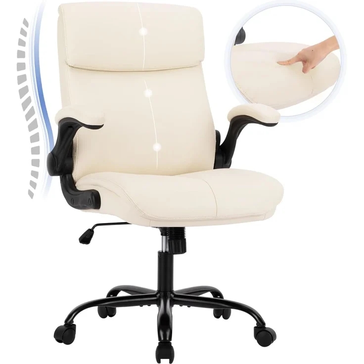 COLAMY Schreibtischstuhl, Ergonomischer Bürostuhl mit Verstellbaren Armlehnen, Chefsessel mit Hoher Rückenlehne, Höhenverstellbar und Neigbar Drehstuhl mit Dicker Lederpolsterung, Elfenbein