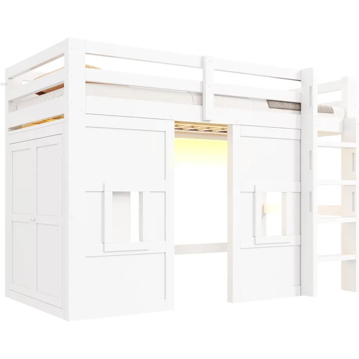 90 x 200 cm großes Hochbett aus Holz mit integriertem Kleiderschrank, 2 Fenstern und LED-Beleuchtung, weiß