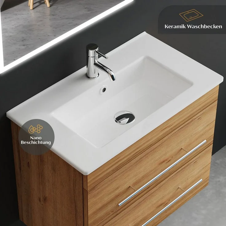 Alpenberger Badmöbel-Set Waschbecken mit Unterschrank - Waschbeckenunterschrank mit Schubladen, (Badezimmerschrank - Bamboo, Schrank Badschrank - 70 cm), Gäste WC & Badezimmer Set - Waschtisch mit Nano – Bild 3