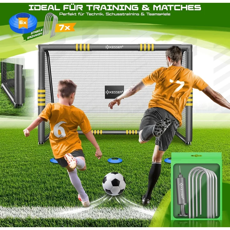 KESSER® Fußballtor für Garten robustes Outdoor Training Schusstraining UV-beständigem Netz, Stahlrahmen mit Polsterung, Erdhaken, Luftpumpe, Hüttchen, Montagezubehör für Kinder und Erwachsene Anthrazit, 240cm, Ohne Torwand – Bild 2