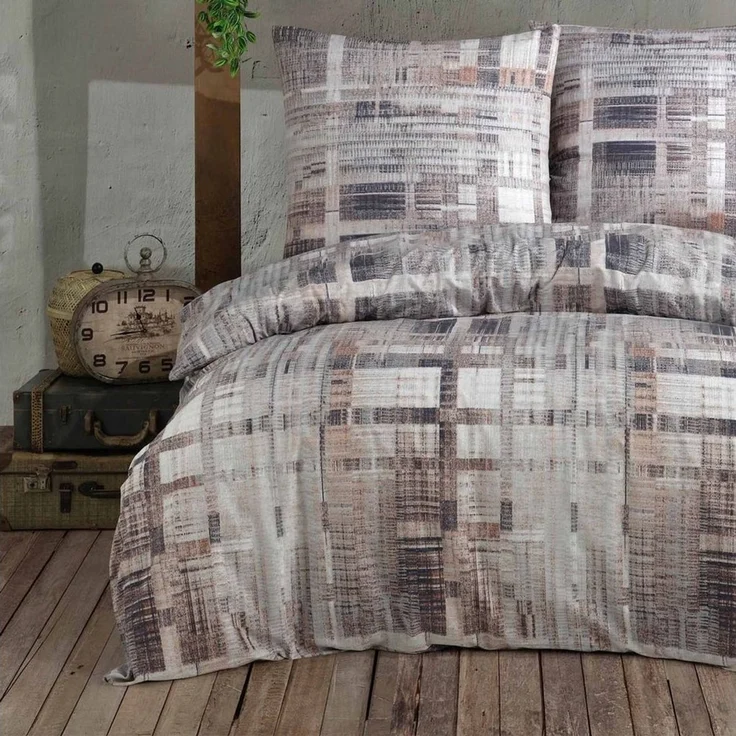 Buymax Bettwäsche Alvaro, Renforce: 100% Baumwolle, 3 teilig, 200x200 cm, Bettbezug-Set mit Reißverschluss Karo Kariert, Braun Beige – Bild 1
