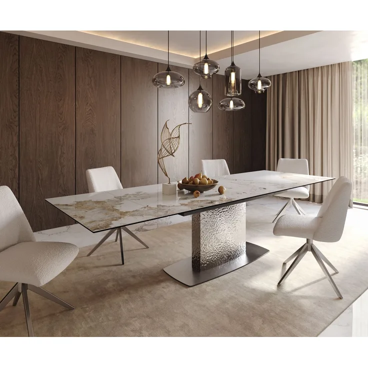 Esstisch Edge 200-300x100 Keramik Minas Melange Weiß-Beige Wave Edelstahl ausziehbar