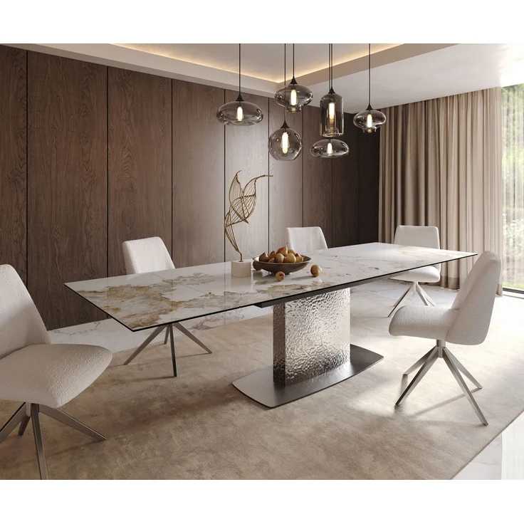 Esstisch Edge 200-300x100 Keramik Minas Melange Weiß-Beige Wave Edelstahl ausziehbar