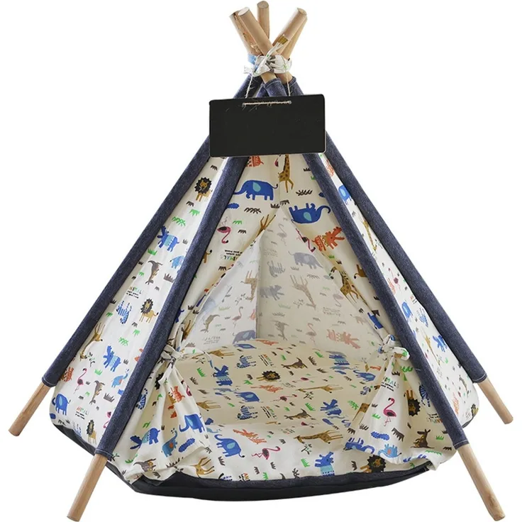 Pettimania Tipi mit Tierprint für Hunde, Maße: 60 x 60 x 90 cm, naturfarben mit buntem Tier-Aufdruck