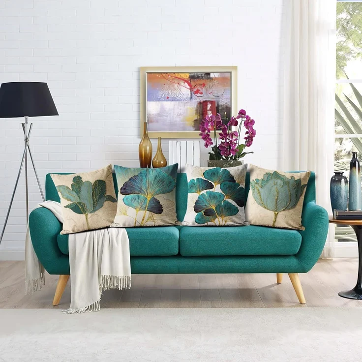 Kissenbezüge 45×45 cm 4er-Set Türkis-Gold Blatt Floral, Outdoor Patio Couch Kissen – Bild 4
