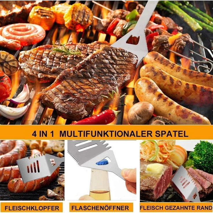 LuxusKollektion Grillbesteck-Set mit Schürze und Koffer, 20-teilig, Edelstahl silber – Bild 7