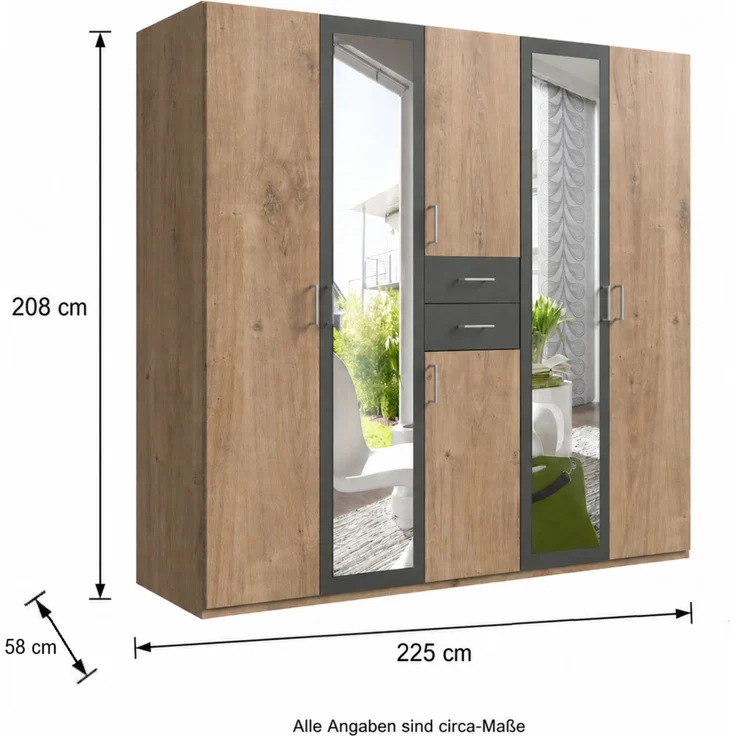 Drehtürenschrank Kleiderschrank 225cm Schubkästen Spiegel Eiche Dekor und Grafit – Bild 9