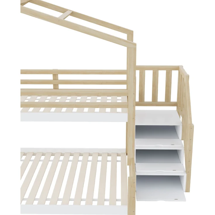 Kinder-Etagenbett "Haus-Design" 90x200 cm, Natur Kiefer, mit Staufachtreppe – Bild 3