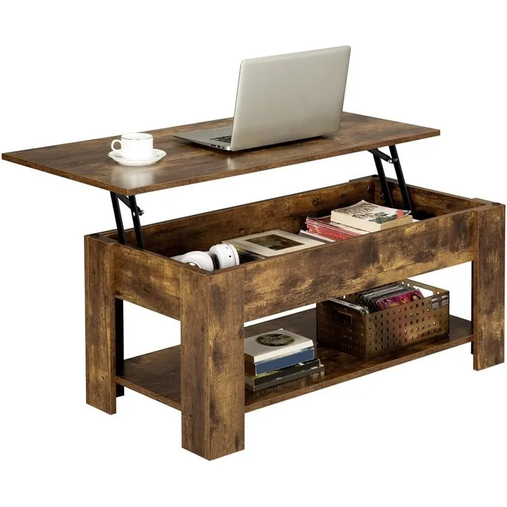 Yaheetech Couchtisch Höhenverstellbarer Kaffeetisch mit Verstecktem Stauraum und Ablage, Ausziehbarer Wohnzimmertisch Sofatisch für Wohnzimmer