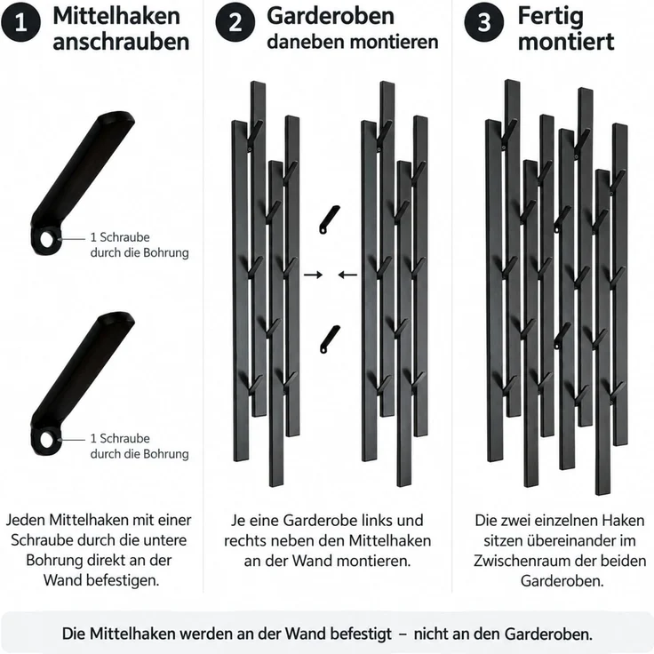 DanDiBo Garderobe Wand Schwarz Metall 96612 / 96782 Wandgarderobe mit 18 Haken Schmal Flurgarderobe Modern Hakenleiste Garderobenhaken – Bild 2
