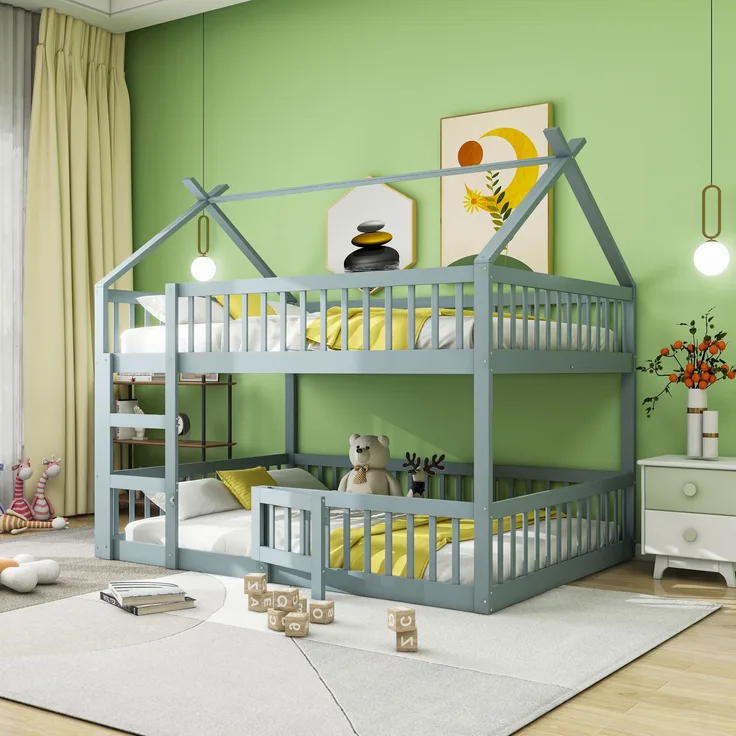 Etagenbett 140x200 cm mit Treppe und Tür – Massivholz Hoch-/Familienbett, Grau