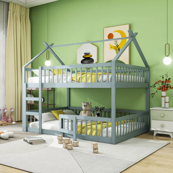 Etagenbett 140x200 cm mit Treppe und Tür – Massivholz Hoch-/Familienbett, Grau – Bild 1