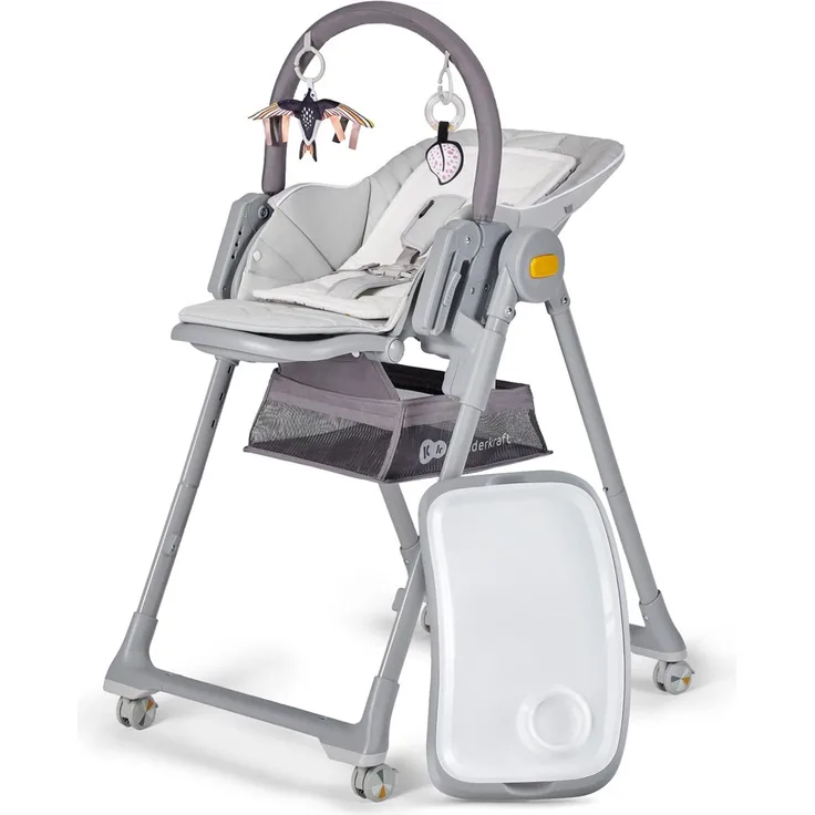 Kinderkraft LASTREE Hochstuhl Baby ab Geburt mit Liegefunktion, Kinderhochstuhl für ältere Kinder, Babyliege mit Spielbügel, Verstellbare Rückenlehne Tablett Fußstütze, Zusammenklappbar, Grau