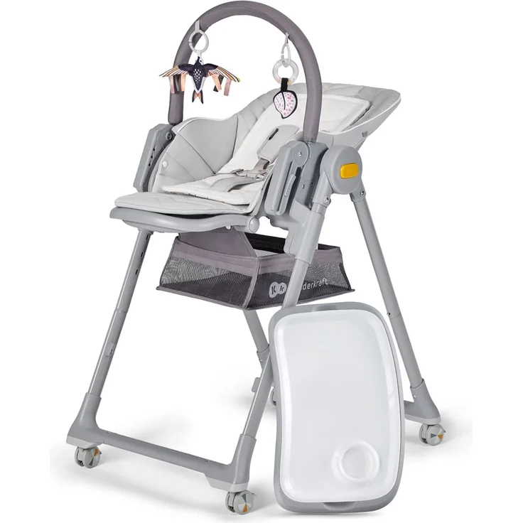 Kinderkraft LASTREE Hochstuhl Baby ab Geburt mit Liegefunktion, Kinderhochstuhl für ältere Kinder, Babyliege mit Spielbügel, Verstellbare Rückenlehne Tablett Fußstütze, Zusammenklappbar, Grau