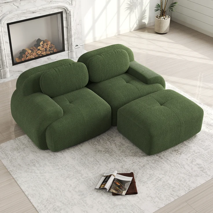 Ecksofa aus weichem Cordstoff,modular kombinierbar mit gebogenen Armlehnen ohne Montage hochelastische Schaumstoffpolsterung für Wohnzimmer Ruhezonen und Schlafzimmer,Cordstoff,Green, – Bild 3