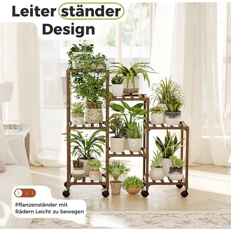 Bamworld Blumenständer Pflanzenständer Pflanzenregal für Innen und Außen mit 7 Ebenen (1 St, mit Rädern), für Terrasse, Balkon, Garten – Geschenke für Gartenliebhaber – Bild 2