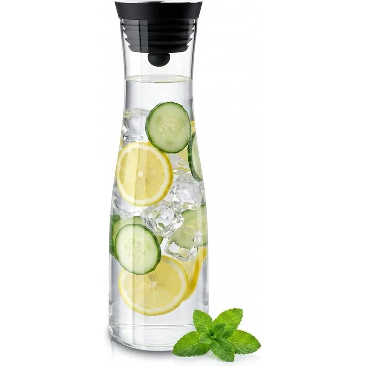 Arendo Karaffe Glaskaraffe 1700 ml mit Deckel, Wasserkaraffe mit Edelstahl Grobfilter, (1-tlg), Borosilikatglas, 1,7 L, Sieb, hitze- und kältebeständig, BPA-frei