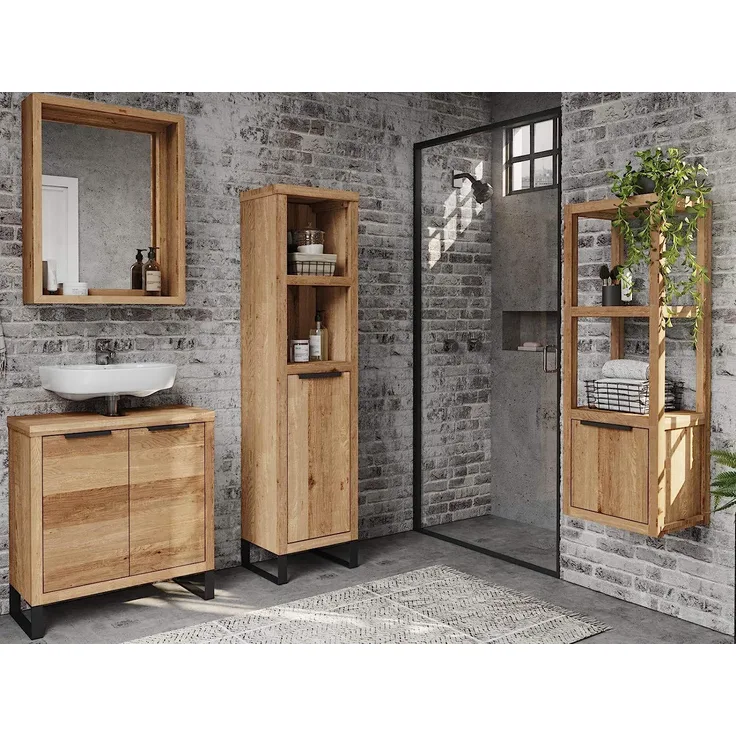Badmöbel-Set 4tlg Sydney massivum Wildeiche braun 118x125x25 cm Badset mit Waschbeckenunterschrank Spiegel rustikal modern