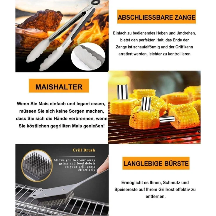 LuxusKollektion Grillbesteck-Set mit Schürze und Koffer, 20-teilig, Edelstahl silber – Bild 2