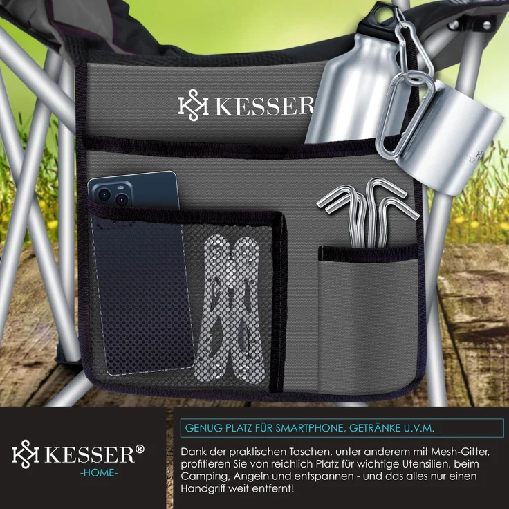 KESSER® Campingstuhl faltbar bis 150 kg Angelstuhl Faltstuhl Klappstuhl Gepolstert mit Armlehnen, Getränkehalter + Tasche mit hoher Rückenlehne, Strandstuhl, Klapphocker Anthrazit / Schwarz – Bild 3