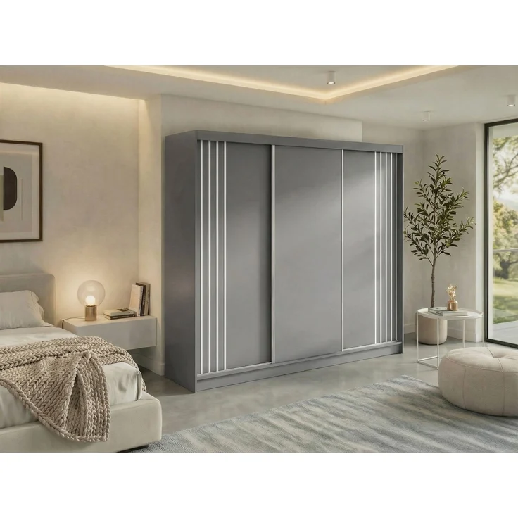 Schwebetürenschrank NAURU mit Lamellen-Optik, moderner Kleiderschrank, Breite 240 cm, inkl. Innenausstattung & Stauraum, Akustikpaneel-Design - Grau und Weiß – Bild 1