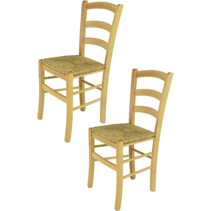 Tommychairs - 2er Set Stühle Venice für Küche und Esszimmer, robuste Struktur aus lackiertem Buchenholz im Farbton Naturfarben und Sitzfläche aus Stroh