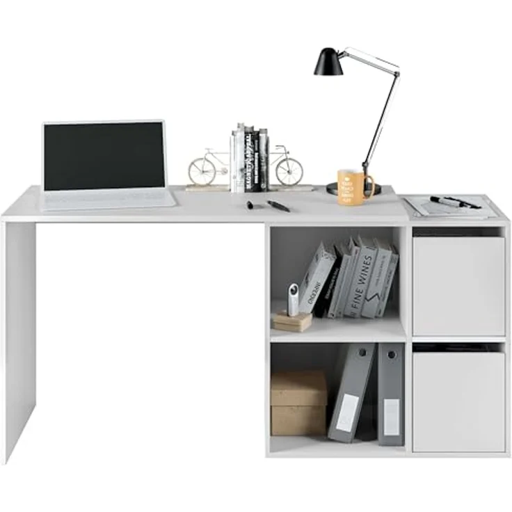 Modularer Schreibtisch mit vier niedrigen Regalen, von denen zwei durch zwei Flügeltüren mit der Möglichkeit der Eckmontage geschlossen werden, Farbe weiß, 152 x 74 x 49 cm. – Bild 4