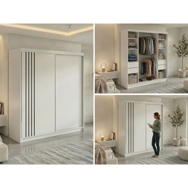 Schwebetürenschrank NAURU mit Lamellen-Optik, moderner Kleiderschrank, Breite 200 cm, inkl. Innenausstattung & Stauraum, Akustikpaneel-Design - Weiß und Schwarz - mit Schubladen – Bild 2