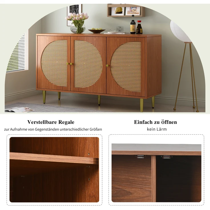 Sideboard, mit 3 Rattantüren, Metallbeinen & verstellbaren Böden, 129,8x40x76 cm, Walnuss – Bild 8