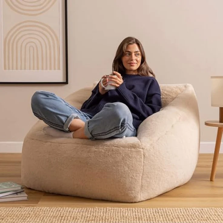 Icon Natalia Sitzsack Sessel für Erwachsene, Beige, Flauschiger Kaninchen Kunstfell Stoff, Riesen Sitzsack mit Füllung, Bean Bag Chair, Bequemer Sessel Wohnzimmer, Lounge, Schlafzimmer, Büro – Bild 3