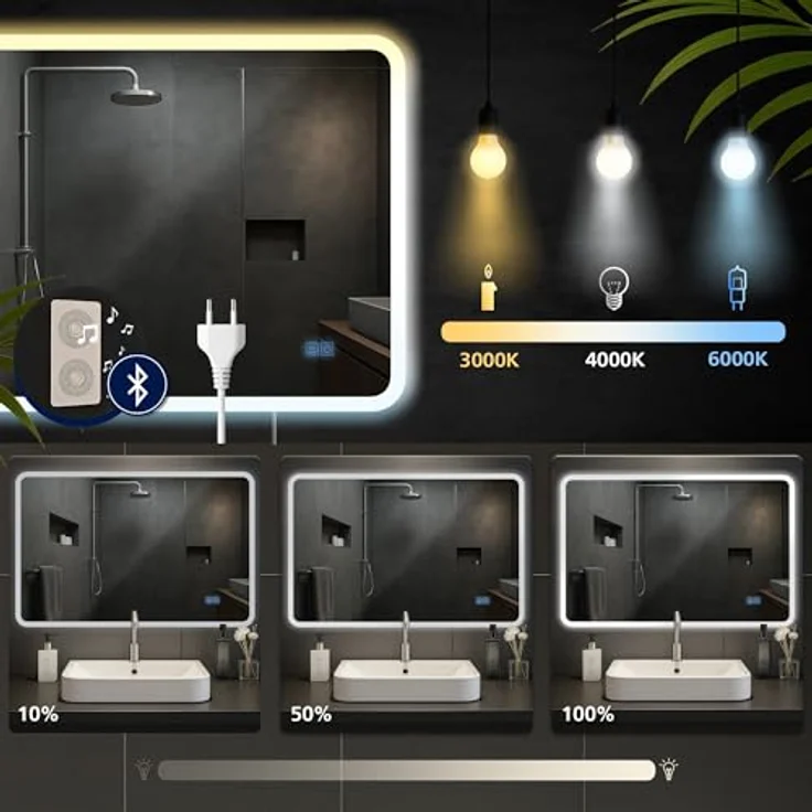 CLP Badspiegel Jericho Bluetooth-Lautsprecher Anti-Beschlag LED-Beleuchtung dimmbar,70x100 cm – Bild 4