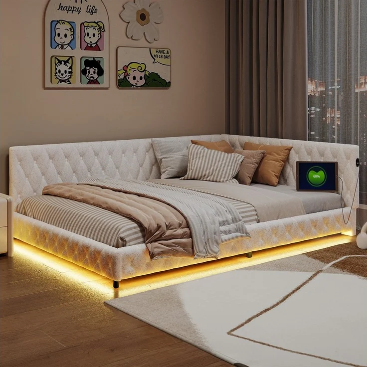 PXloue Polsterbett Daybett Tagesbett, Schlafsofa,Mit LED-Beleuchtung und USB-Ladeanschluss,140x200 cm – Bild 2