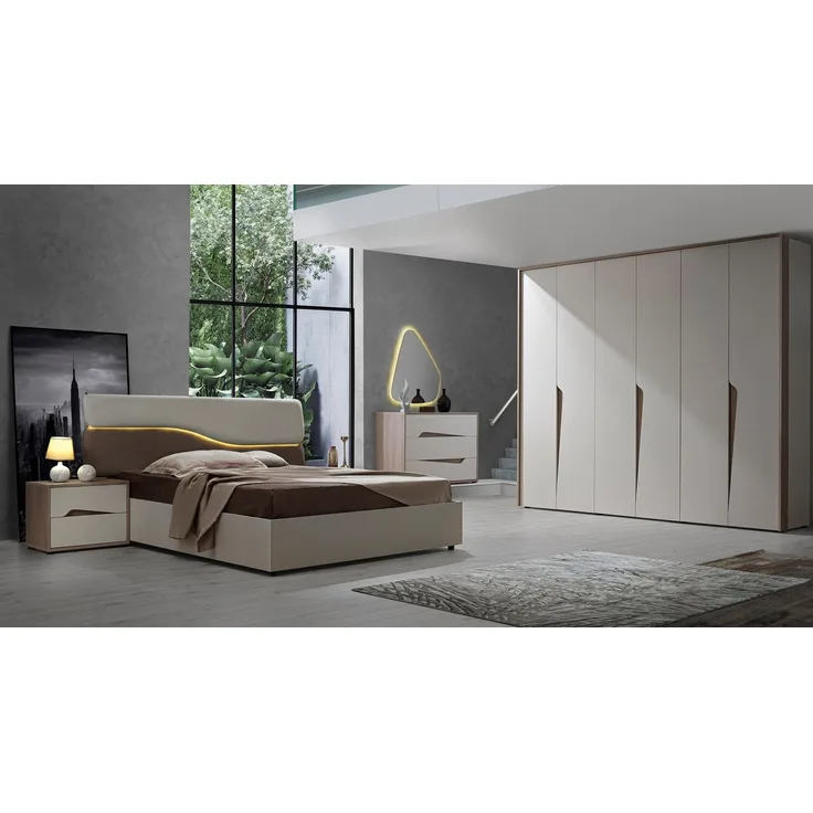 Interdesign24 Schlafzimmer-Set Sole, (6-Teilig, im ausgefallenem Design inkl. Bett mit Kopfteilpolsterung), in Cremefarben/Holzoptik