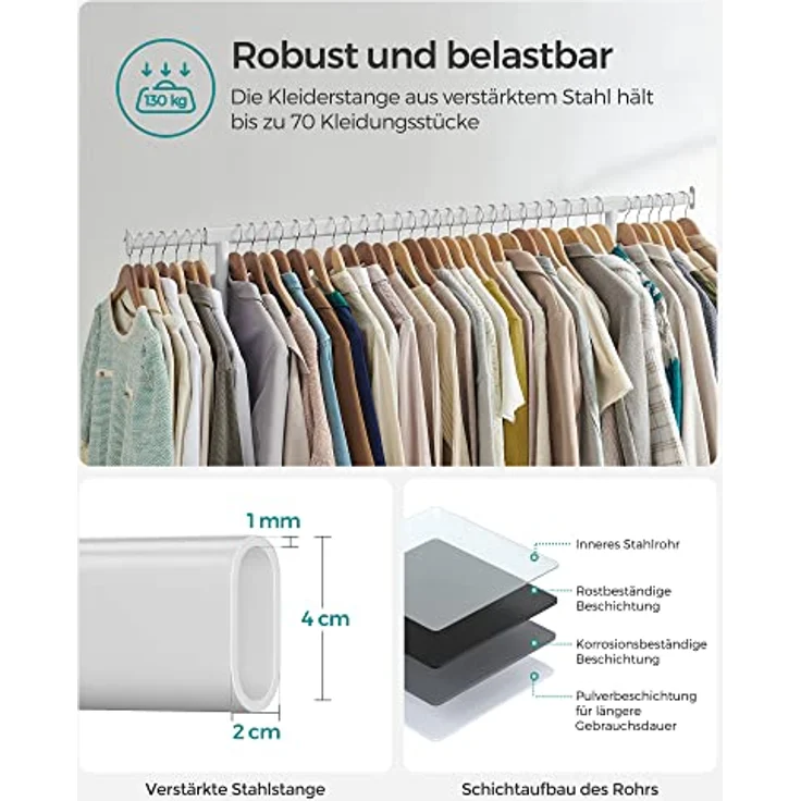 SONGMICS Kleiderständer auf Rollen, Garderobenständer, hochbelastbar, ausziehbare Kleiderstange, bis 130 kg belastbar, 45 x (110-150) x 162,9 cm, aus Metall, verchromt, mattweiß HSR011W01 – Bild 4