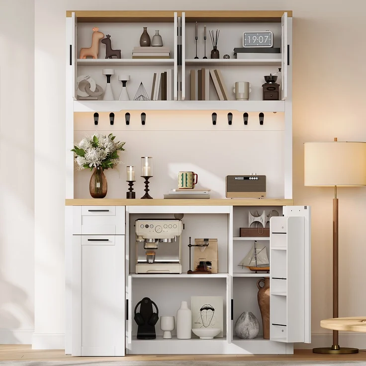 Abrihome Küchenschrank Hochschrank mit LED, Steckdosen, Vitrine, 3 Schubladen, Weiß, 120x40x182 cm – Bild 2