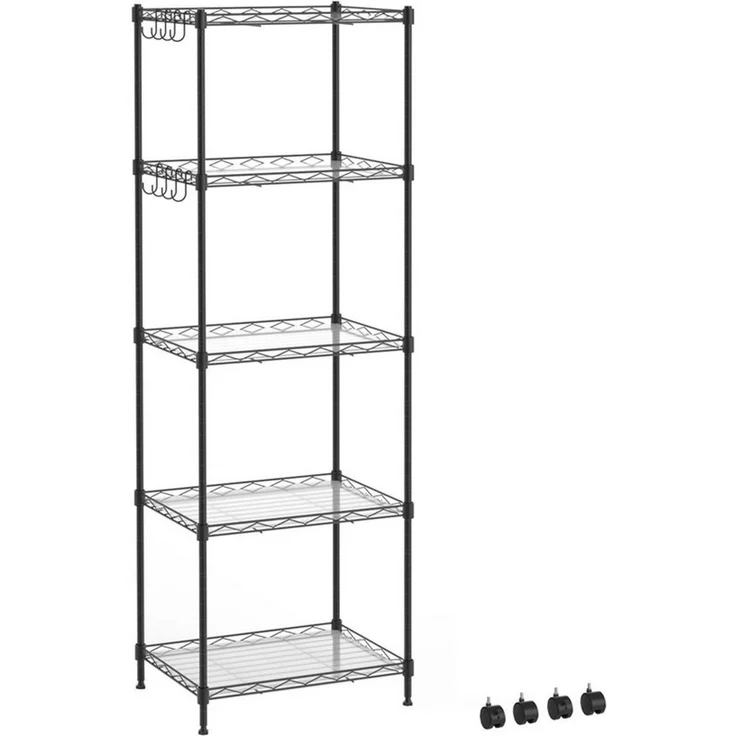 Mondeer Regal Aufbewahrungsregal, 5-Stufiges, mit 8-Haken und 4-Rädern, PP-Trennwand, bis 100 kg – Bild 1