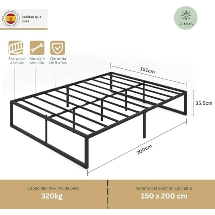 Zinus Lorelai 36 cm Bettgestell aus Metall, Lattenrost aus Stahl, Stauraum unter dem Bett, Einfache Montage, 150x200 cm, Schwarz – Bild 2