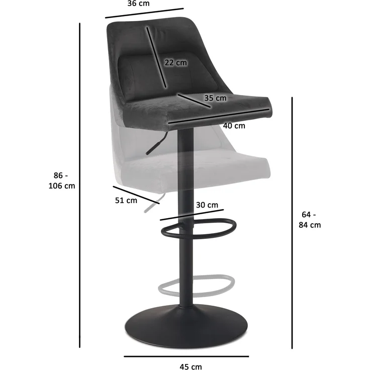 Barhocker Samt Grau mit Lehne höhenverstellbar 86-106cm Metallfuß gepolstert – Bild 4