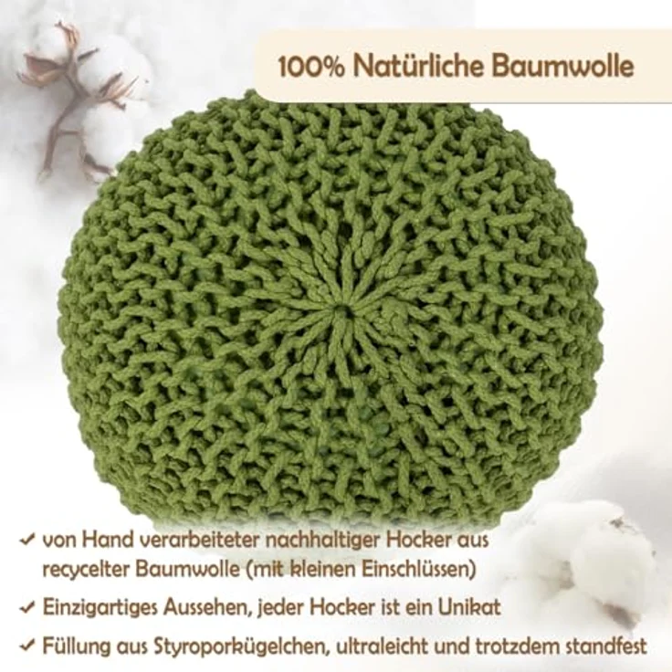 Amagohome Sitzhocker, Pouf, XXL Baumwolle, Grün, ø 45 cm – Bild 3